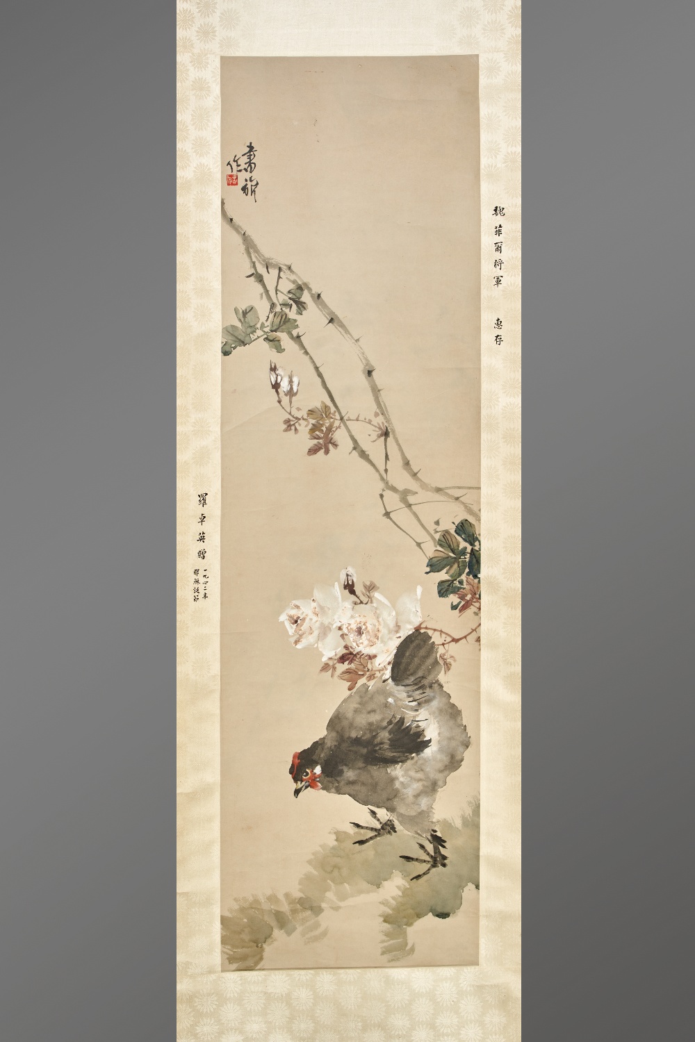 ZHANG SHUQI (1900-1957) A BLACK HEN AMIDST FLOWERS A Chinese scroll painting, ink and colour on