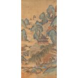 ATTRIBUTED TO QIU YING MOUNTAINOUS LANDSCAPE A Chinese scroll painting, ink and colour on silk,