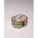 A CHINESE CANTON ENAMEL FAMILLE ROSE EUROPEAN SUBJECT BOX PROBABLY LATE QING DYNASTY The chamfered