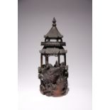 A CHINESE CARVED BAMBOO MODEL OF A PAGODA LATE QING DYNASTY With trees rising from rocks and with