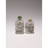 TWO DATED CHINESE INTERIOR PAINTED GLASS SNUFF BOTTLES 20TH CENTURY Each decorated with small