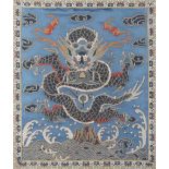 A CHINESE EMBROIDERED SILK 'DRAGON' PANEL QING DYNASTY Depicting a central confronting four clawed