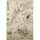 A CHINESE EMBROIDERED SILK PANEL LATE QING DYNASTY Depicting two phoenix and many other birds amidst