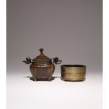 TWO CHINESE BRONZE INCENSE BURNERS QING DYNASTY One cylindrical, raised on three cloud-shaped