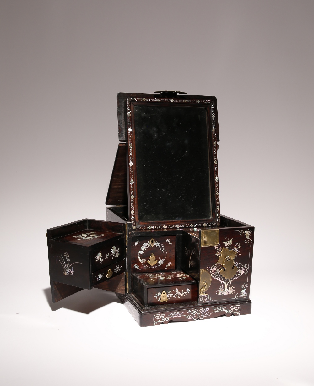 A CHINESE HARDWOOD AND MOTHER OF PEARL INLAID LADY'S TOILET BOX 19TH CENTURY With a hinged lid - Image 3 of 4