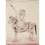 AN INDIAN MINIATURE INK DRAWING 19TH CENTURY Depicting a nobleman riding a composite horse