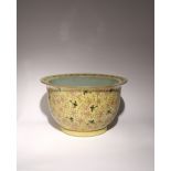 A LARGE CHINESE FAMILLE ROSE DAYAZHAI STYLE YELLOW-GROUND JARDINIERE QING DYNASTY OR LATER Enamelled