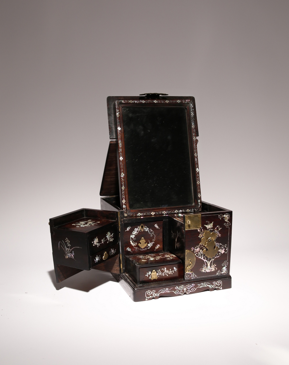 A CHINESE HARDWOOD AND MOTHER OF PEARL INLAID LADY'S TOILET BOX 19TH CENTURY With a hinged lid