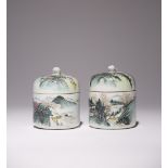 A PAIR OF CHINESE FAMILLE ROSE LANDSCAPE BOXES AND COVERS REPUBLIC PERIOD Each painted with small