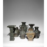 SEVEN CHINESE ARCHAISTIC BRONZE VESSELS MOSTLY QING DYNASTY Comprising: two gu-shaped square