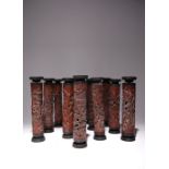 THIRTEEN CHINESE CARVED BAMBOO INCENSE HOLDERS LATE QING DYNASTY The cylindrical bodies carved