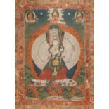 A TIBETAN THANGKA OF THE THOUSAND-ARMED AVALOKITESHVARA 19TH CENTURY Painted with the central figure