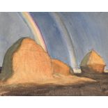 Sir George Clausen RA (1852-1944) Strawstacks under a rainbow Signed G.CLAUSEN (lower right)