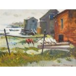 Joseph Purcell (Canadian 1927-2015) Landscape with fishing huts by the shore Signed JOSEPH