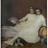 ‡Vicente Puig (Spanish 1882-1965) Portrait of two sisters and a dog in an interior Signed and