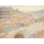 French School Early 20th Century View of a coastal town with a fort, possibly Antibes Bears an added