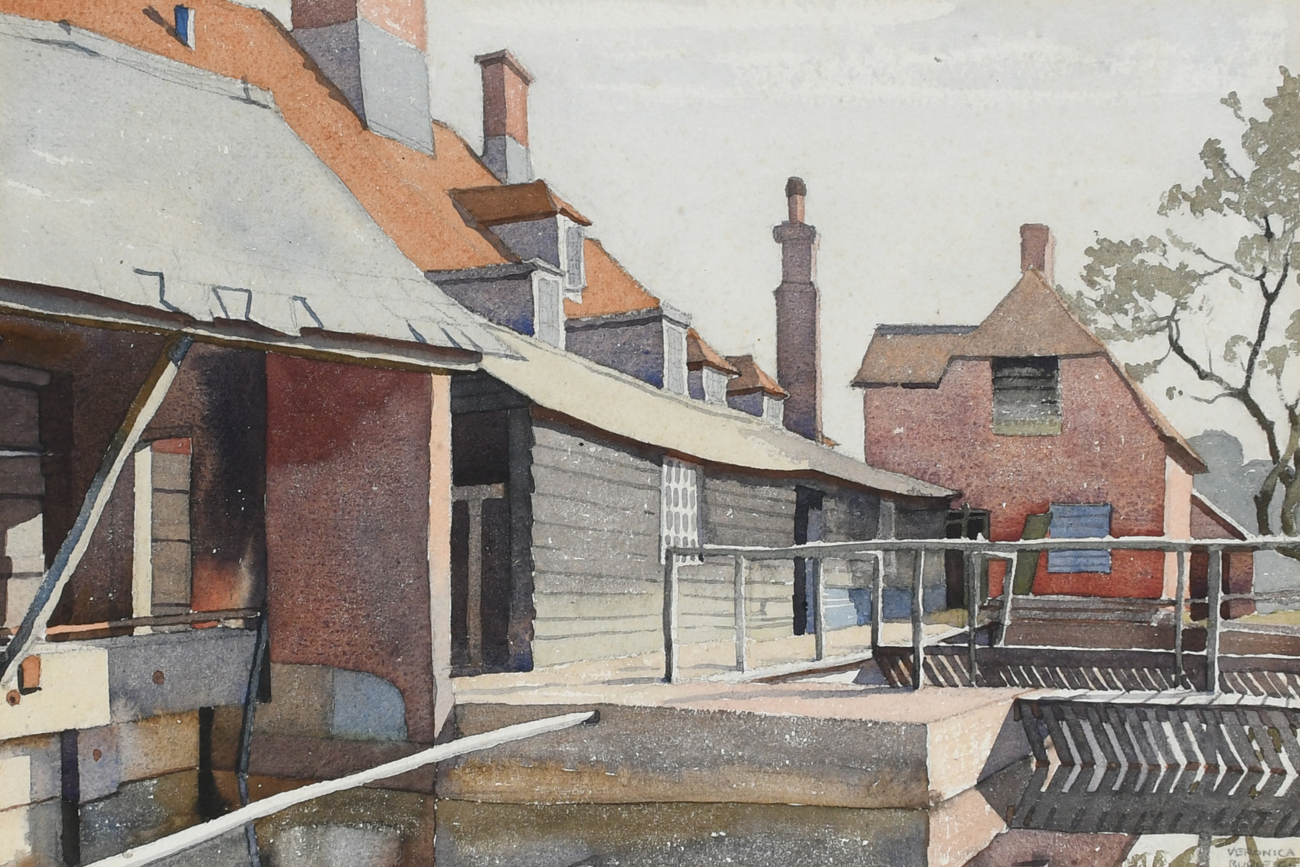 ‡Veronica Burleigh (1909-1999) View of a mill under grey skies Signed VERONICA/BURLEIGH (lower