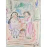 ‡Dora Holzhandler (French 1928-2015) Two women and a baby in an interior Signed and dated Dora