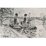 Paul Signac (French 1863-1935) Paris: Le Pont des Arts with Tugboats Etching and aquatint 12.5 x