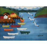 Maud Lewis (Canadian 1903-1970) Boats on Digby Bay Signed Lewis (lower right) Oil on board, 196521.6