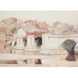 Averil Burleigh (1883-1949) View of a bridge over a river, with a town beyond Signed Averil Burleigh
