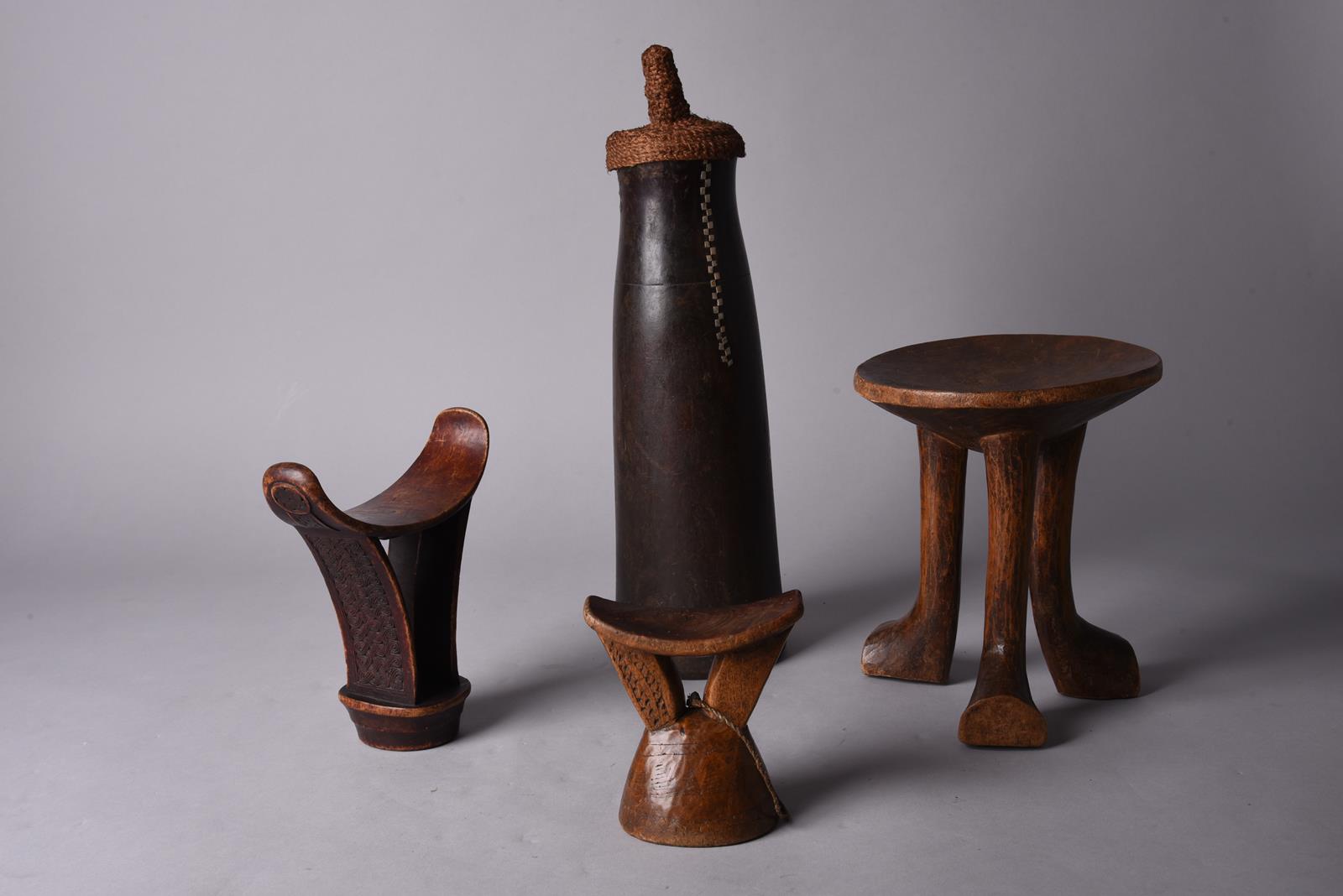 A Pokot stool Kenya with a dished seat, 22.5cm high, a Tutsi milk container, with aluminium and horn - Image 2 of 2