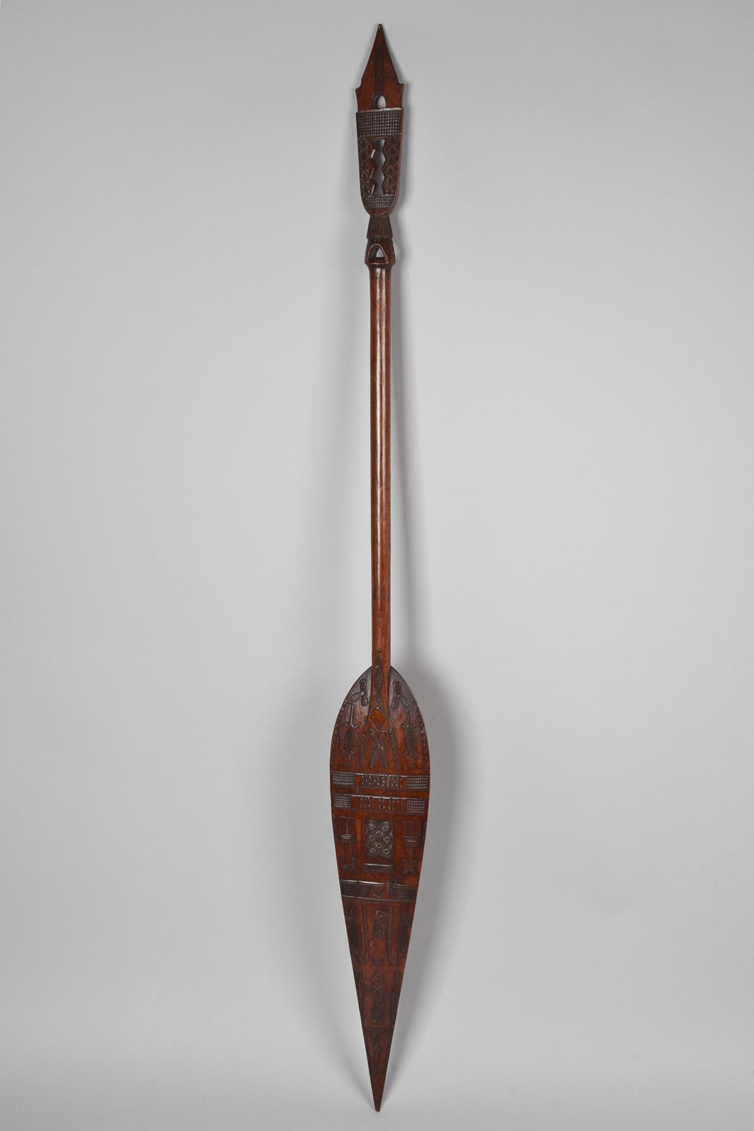 A Duala paddle Cameroon the blade with low relief carving of animals, padlocks, keys, scissors, - Image 3 of 5