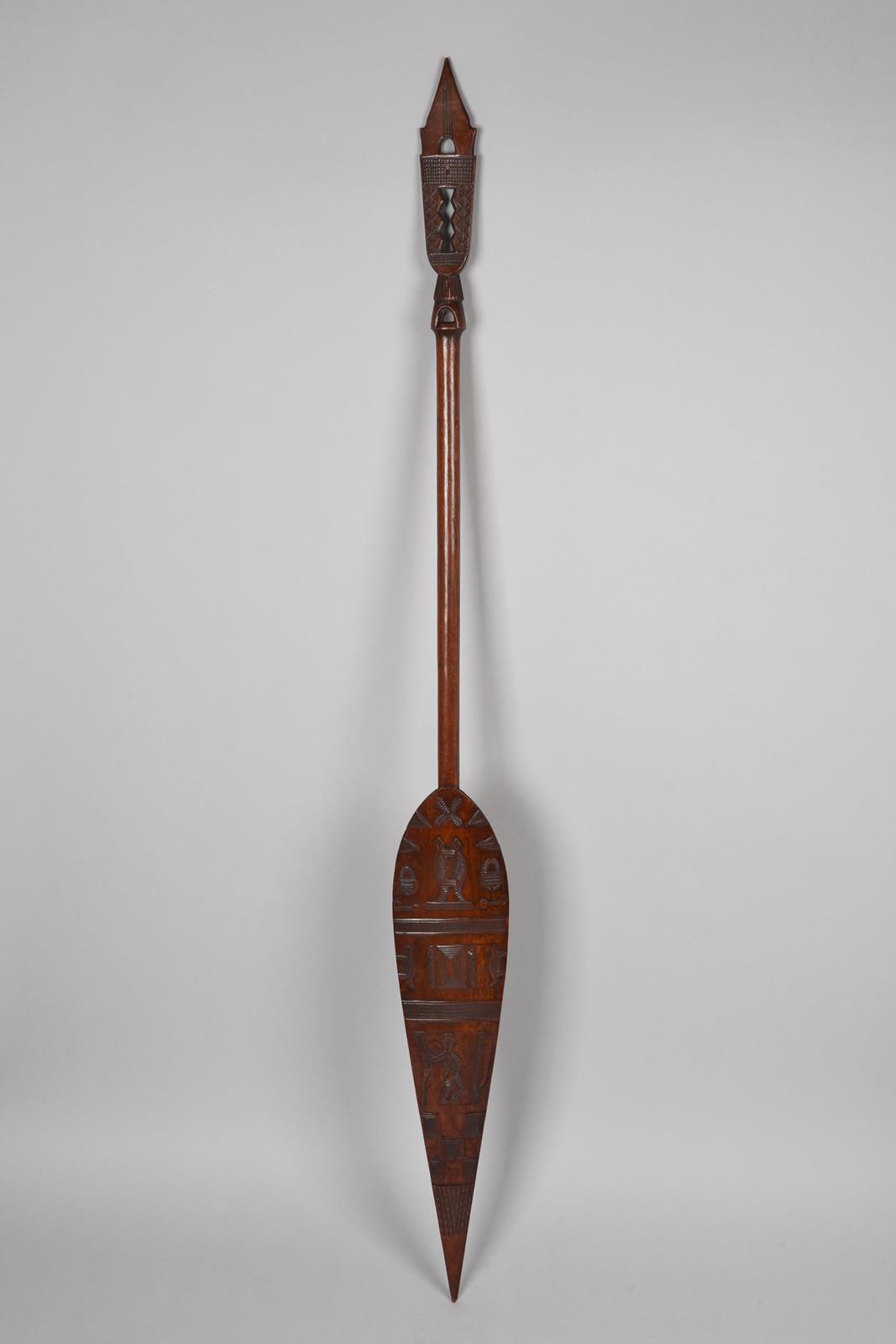 A Duala paddle Cameroon the blade with low relief carving of animals, padlocks, keys, scissors, - Image 2 of 5