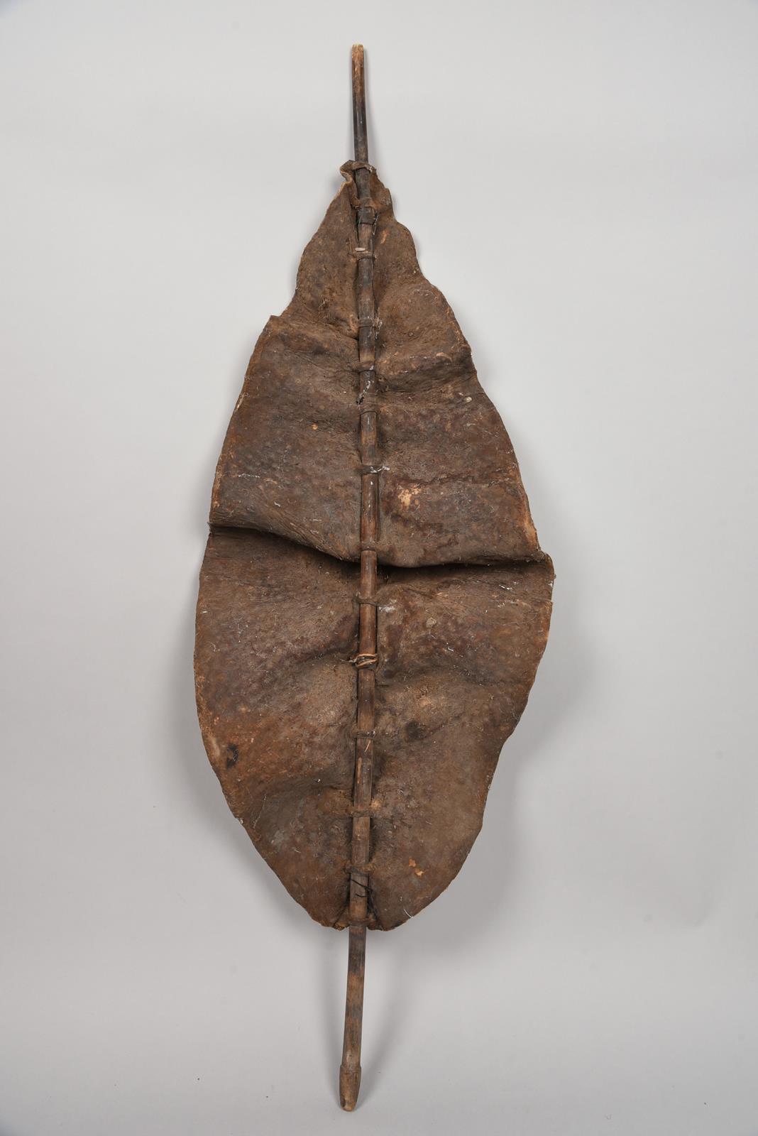 A Dinka shield South Sudan hide with embossed dimples and with a wooden shaft, 139.5cm long. - Image 2 of 2