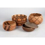 Four baskets California three with woven geometric decoration, the forth with a cover, 7cm, 7.5cm,