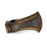 A fine Persian axe head (tabor), of watered steel with gold koftgari borders, the sides and back