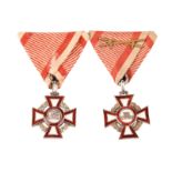 Austria-Hungary: Military Merit Crosses 3rd Class (2), silver and enamel, white crosses with red