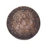 William and Mary, silver halfcrown, 1689, first reverse, caul only frosted, pearls, edge PRIMO, 14.