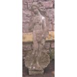 A weathered contemporary cast composition stone garden statue in the form of a classical maiden 84