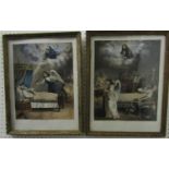 A pair of German coloured lithographs - the dying moments of both virtuous and sinful man and