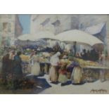 John E Aitken, RWS (British 1881-1957) - Busy continental market scene, watercolour and bodycolour