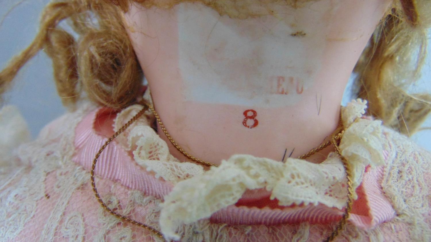 Bisque head doll with faint Jumeau makers mark and number '8' in red; fixed blue eyes, closed mouth, - Image 3 of 6