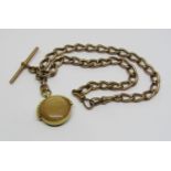 9ct Albert chain with T-bar, hung with a 9ct swivel fob set with a Napoleon III 1854 20 francs