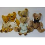 5 good old teddy bears all with jointed body and stitched mouth and nose, heights 42-54cm.