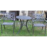 A contemporary cast aluminium three piece garden terrace set comprising circular table and a pair of