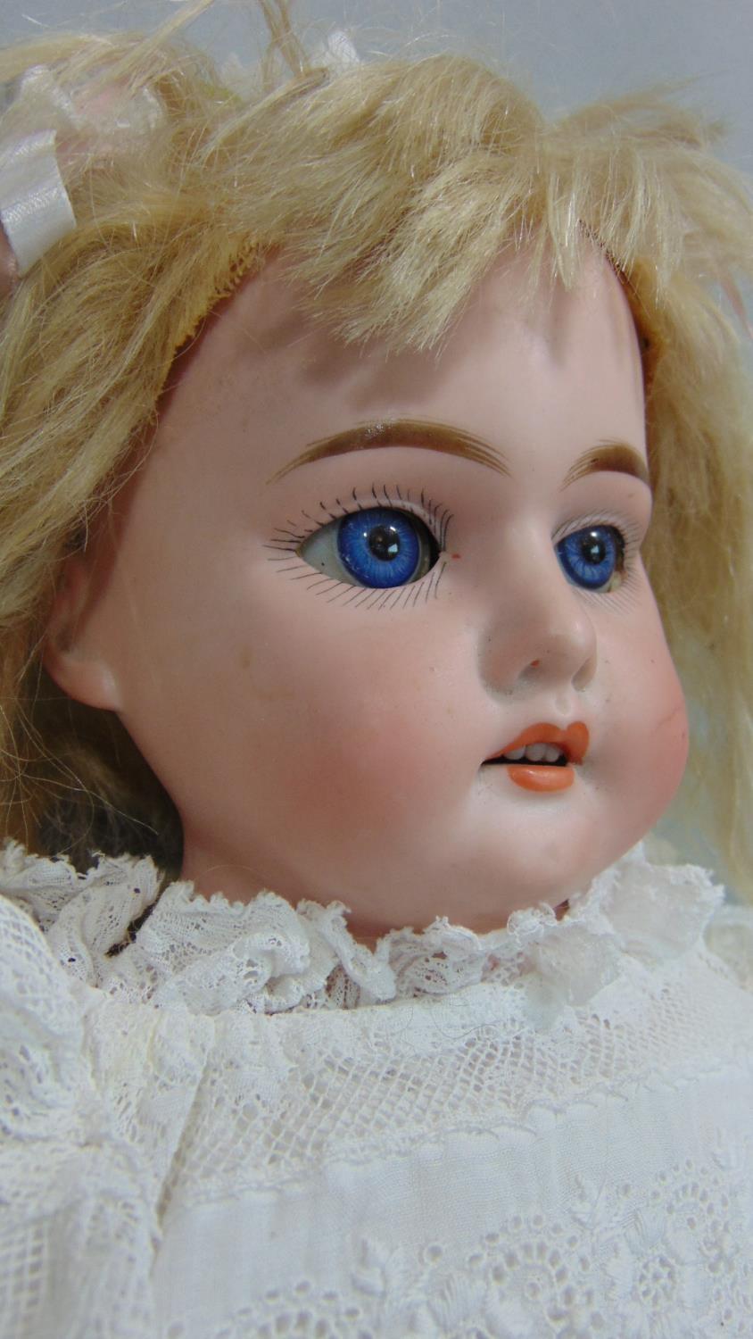 Early bisque shoulder- headed doll by Armand Marseille with soft body and wax lower limbs, blue - Image 2 of 5