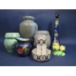 A Maling blue ground lamp base of tapering four sided form with painted and gilded bird house and