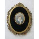 Late 19th century school miniature portrait of a young boy in grey jacket and white collar,