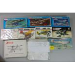 10 model aircraft kits, all un-started by Airfix, Monogram, Novo etc including Heller Dewoitine