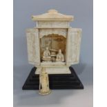 Good 19th century Cantonese ivory shrine carved all over with figures and floral sprays of pagoda