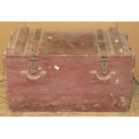 A vintage stained pine ammunition type chest containing various ironmongery, fittings, bunch of
