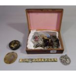 Collection of costume jewellery contained in a painted wooden jewellery box (af)