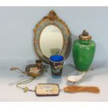 A mixed collection of cloisonné and champlevi enamel wares to include an oval mirror with