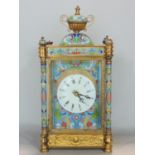 Impressive cloisonne clock case with bevelled glass and various inlaid panels, twin handled urn