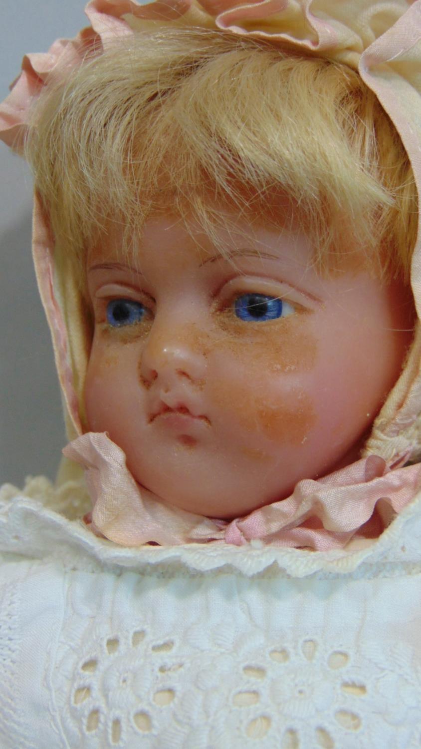 19th century wax over composition shoulder head doll with stuffed soft body and hollow wax lower - Image 3 of 5